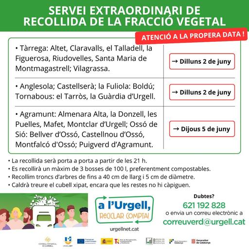 El servei extraordinari de recollida de la fracció vegetal a Agramunt, aquest proper dijous