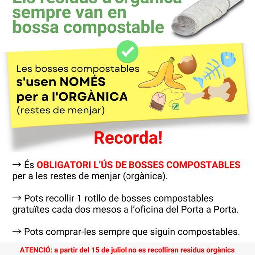 Recorden l’obligatorietat d’utilitzar les bosses compostables pels residus orgànics
