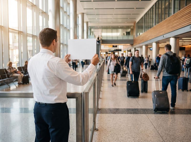 Driver waiting at the arrivals hall with a welcome sign