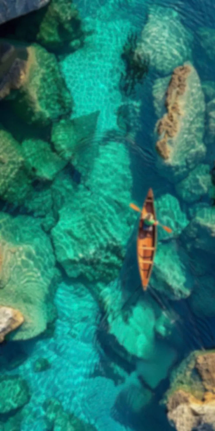 Aerial view of a kayak crossing the turquoise, rock-studded Umngot River