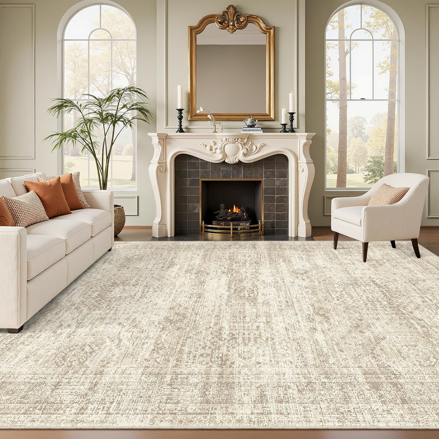 Washable Beige Area Rug
