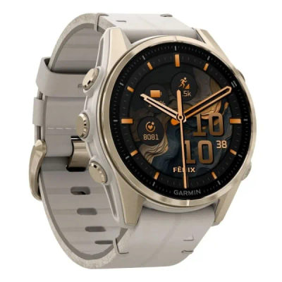 Garmin Fenix 8 — 43 мм AMOLED Sapphire Soft Gold Stainless Steel / Fog Gray Leather Band — 4