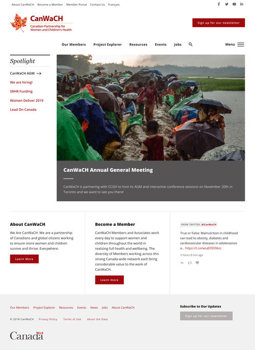 The homepage highlights the great work CanWaCH members are doing around the world.