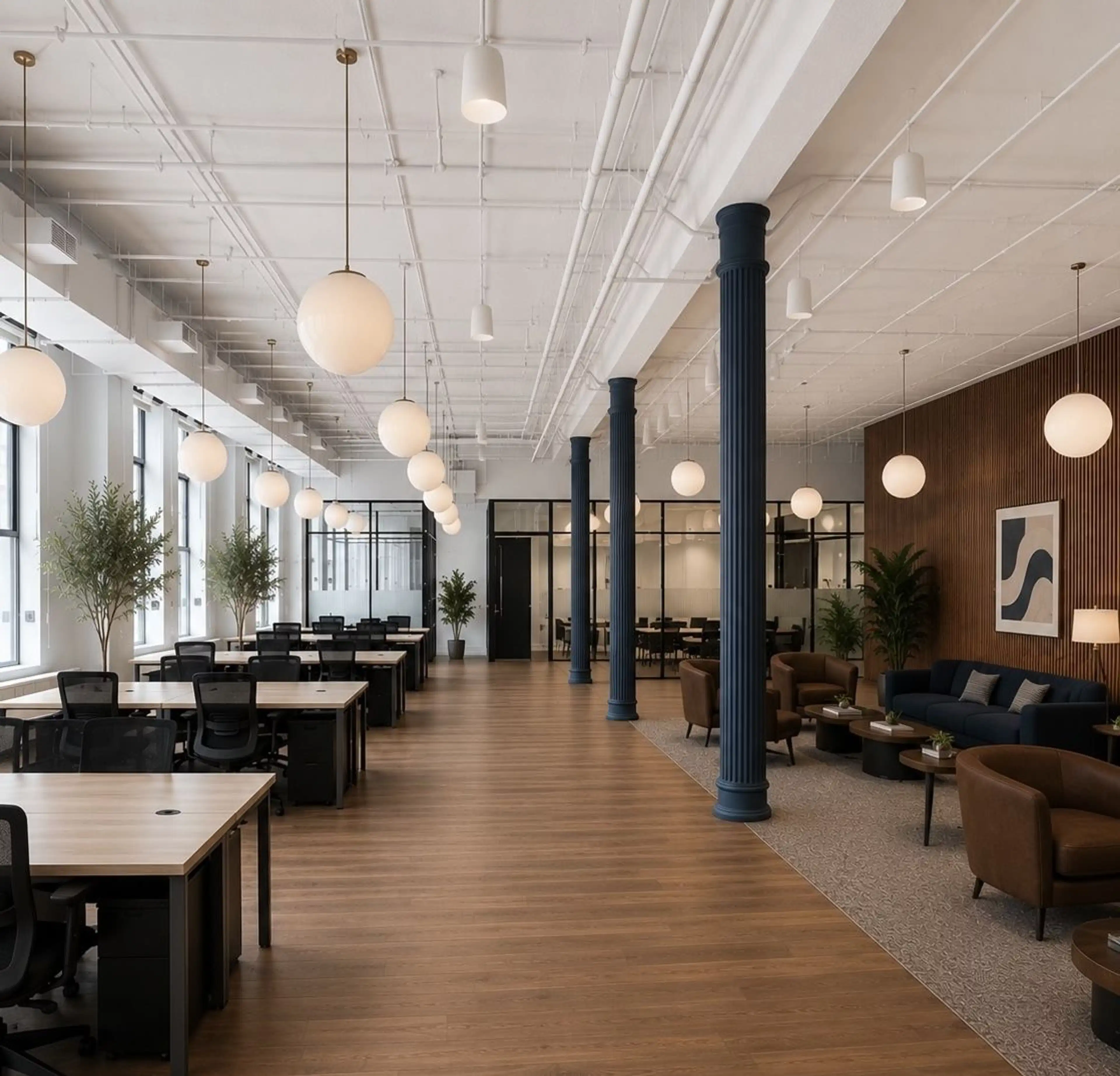 Flatiron District office space blending lounge comfort and coworking functionality.