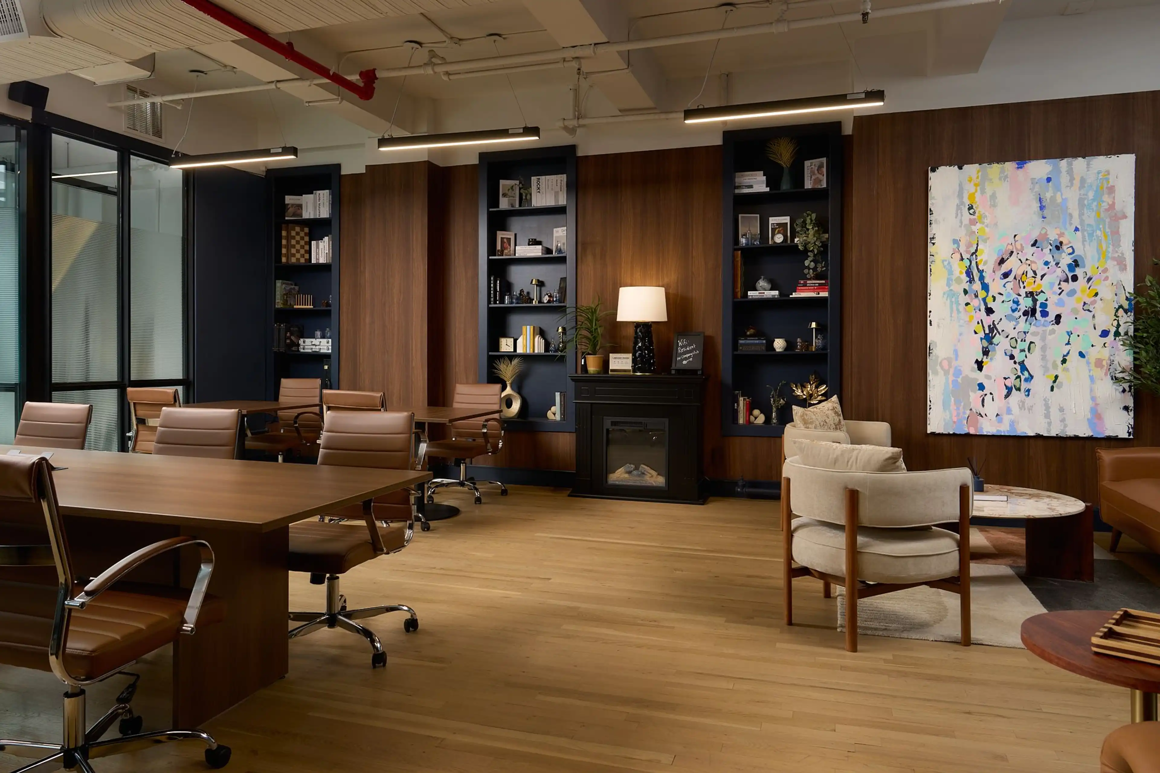 Flatiron District office space blending lounge comfort and coworking functionality.