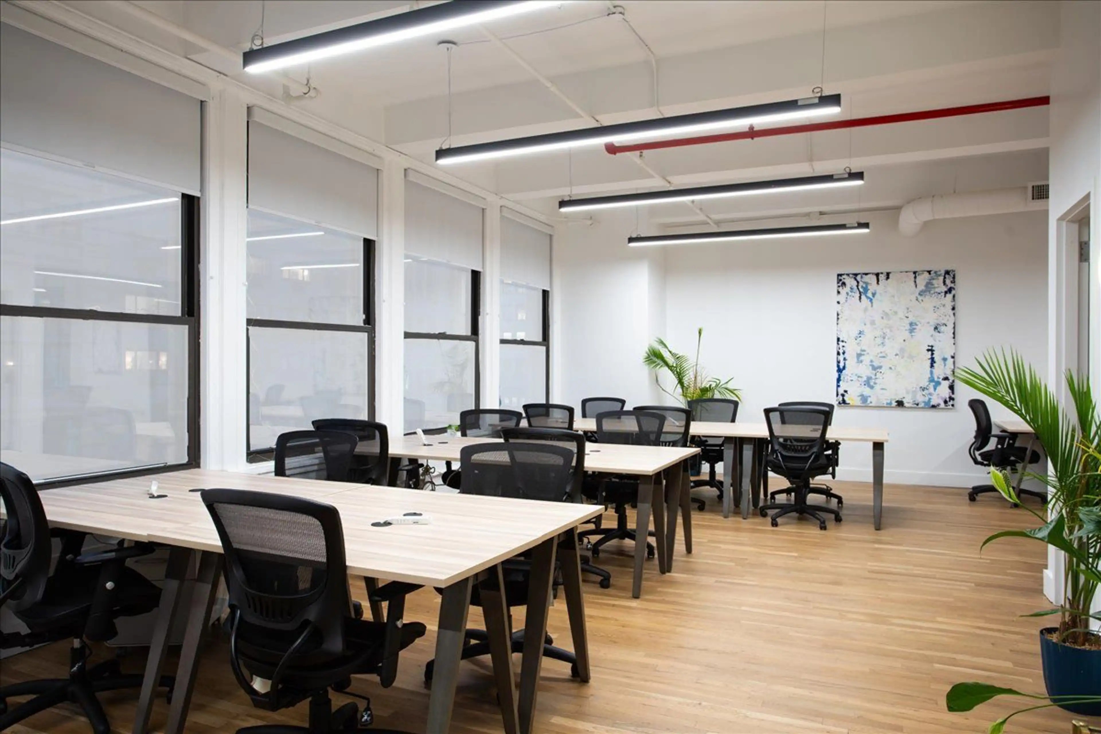 Flatiron District shared office featuring multiple desks, large windows, and green plants.