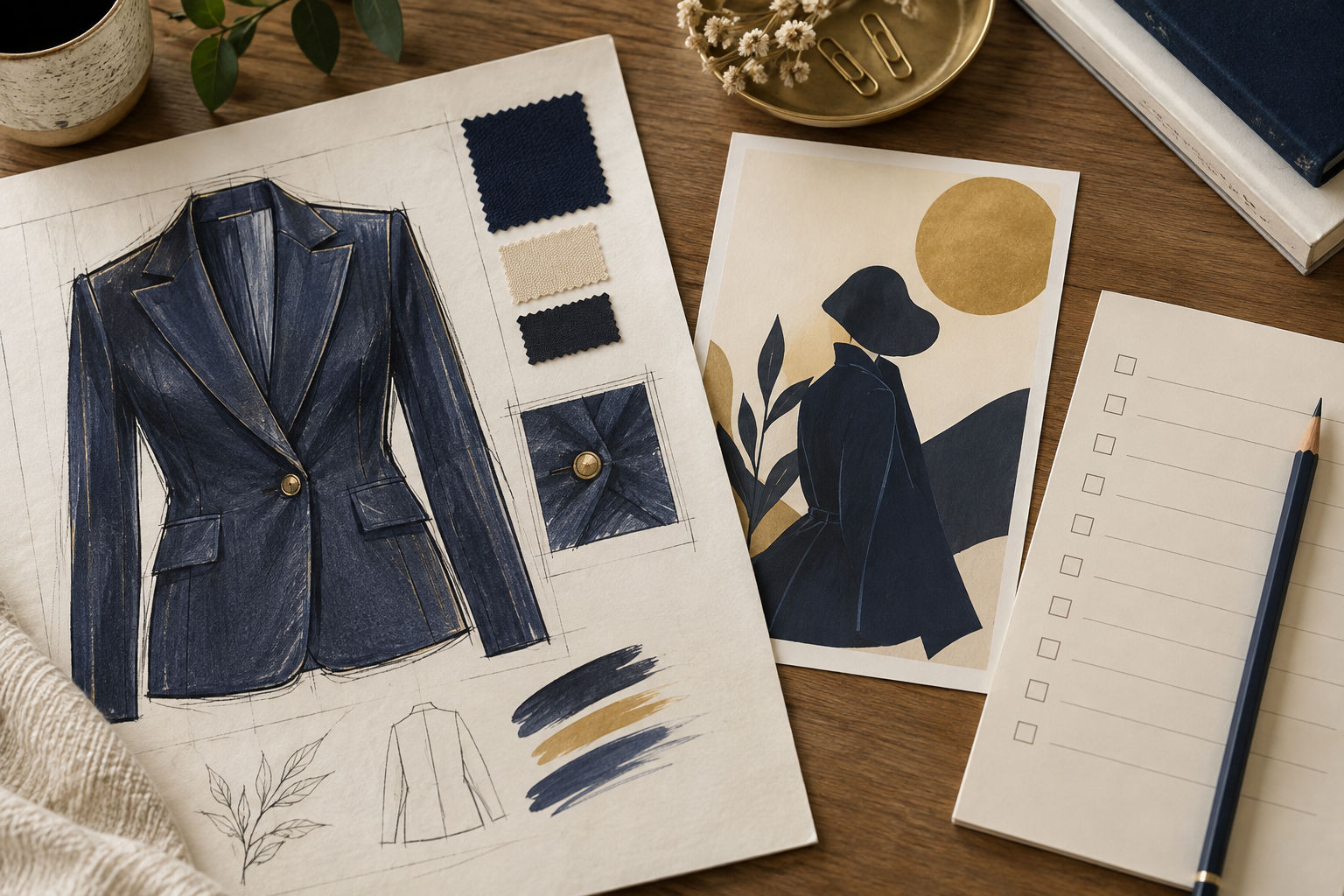 A conceptual creative-review desk with a garment reference, a preview card and a separate real-world checklist