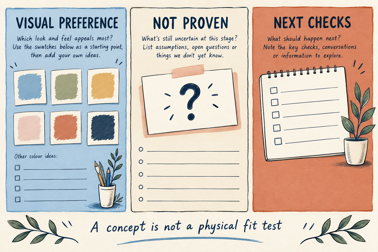 An illustrated handoff note separating visual preference, unsupported claims and next checks