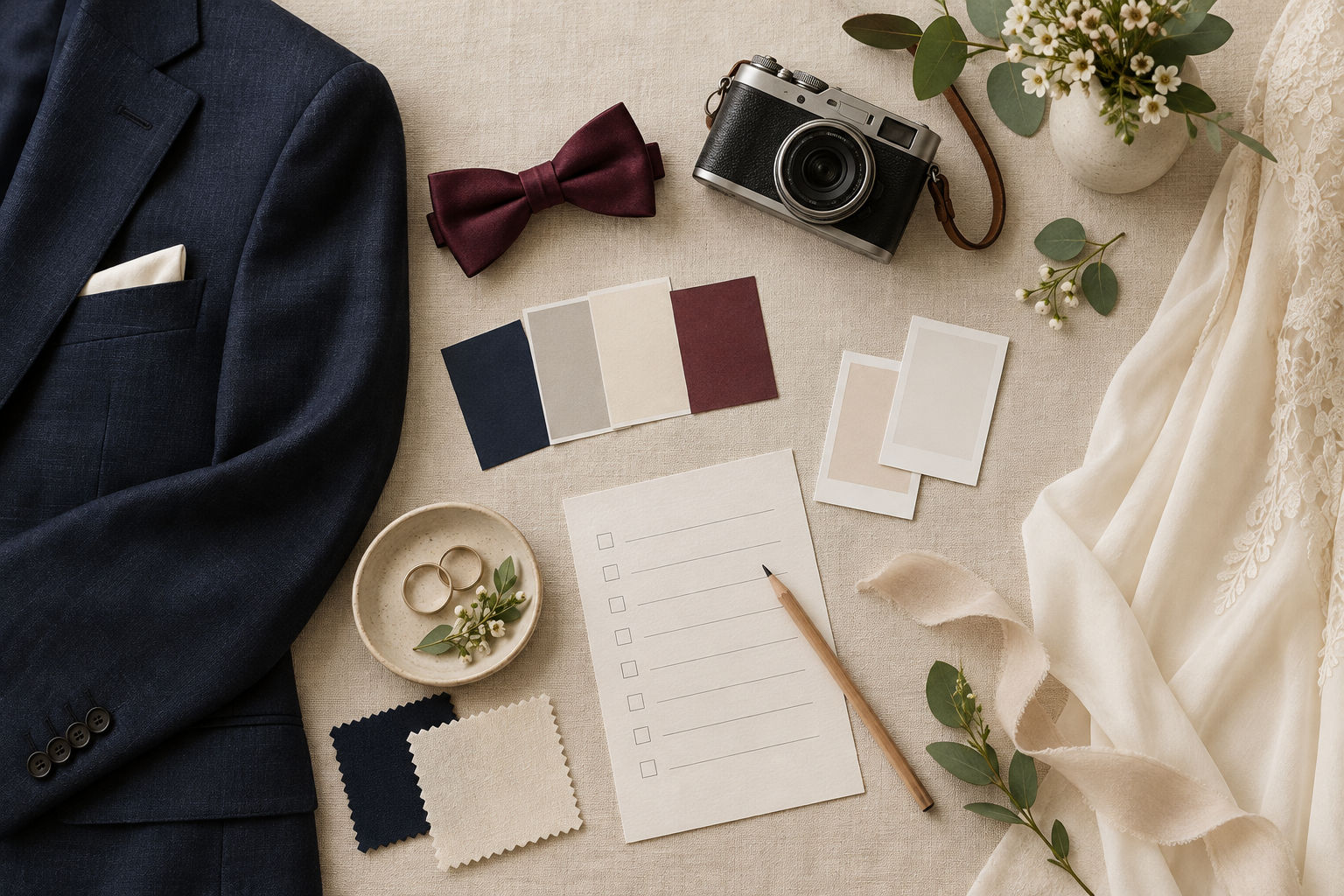 A portrait planning desk with clothes and reference cards