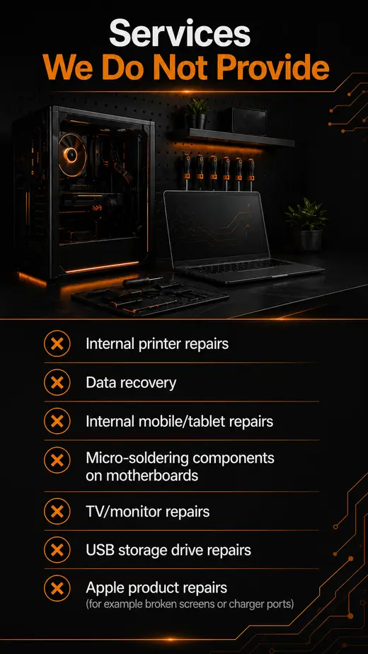 Services not provided by PC Tech Guru