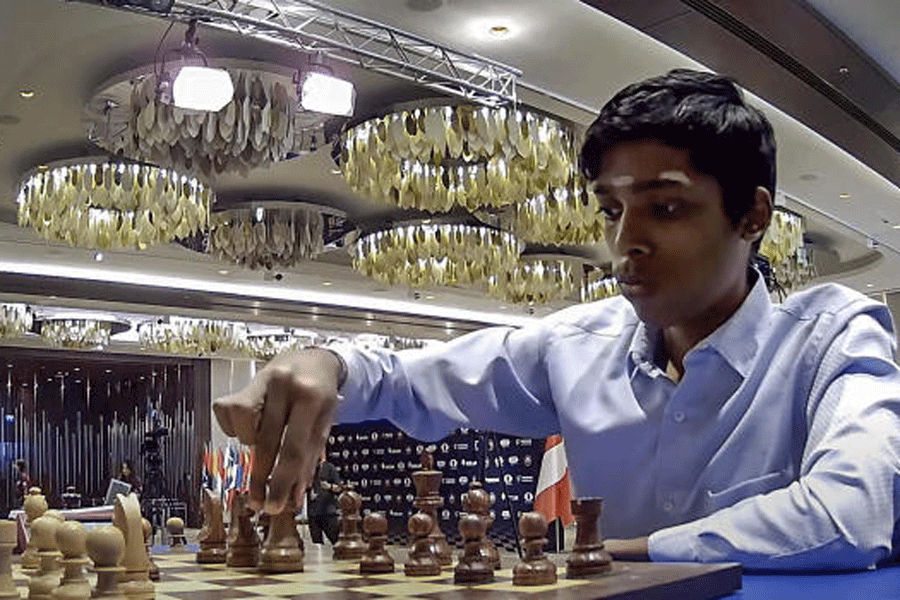 India GM R. Praggnanandhaa makes a move during the Chess World Cup final against Norwegian Grandmaster Magnus Carlsen.Bagged Silver.