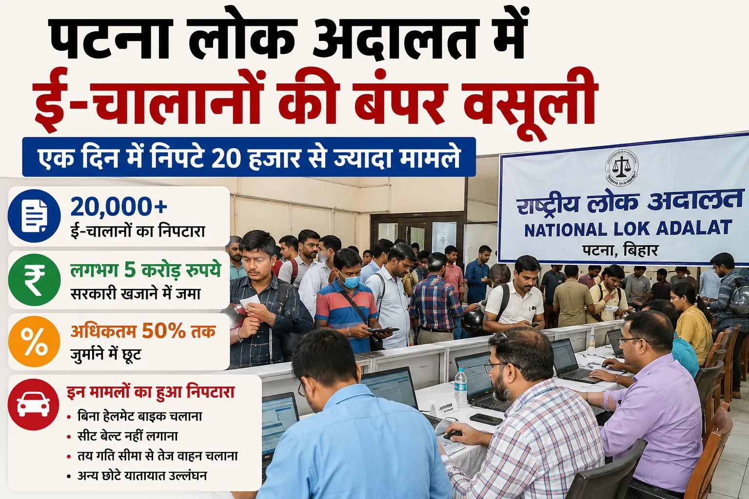 पटना लोक अदालत में ई-चालानों की बंपर वसूली, एक दिन में निपटे 20 हजार से ज्यादा मामले