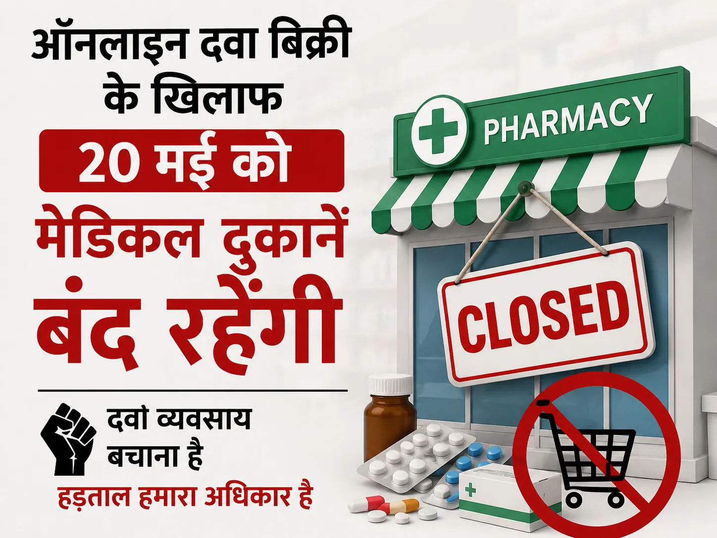 ऑनलाइन दवा बिक्री के विरोध में 20 मई को बंद रहेंगी मेडिकल दुकानें, केमिस्टों ने किया राष्ट्रव्यापी हड़ताल का ऐलान