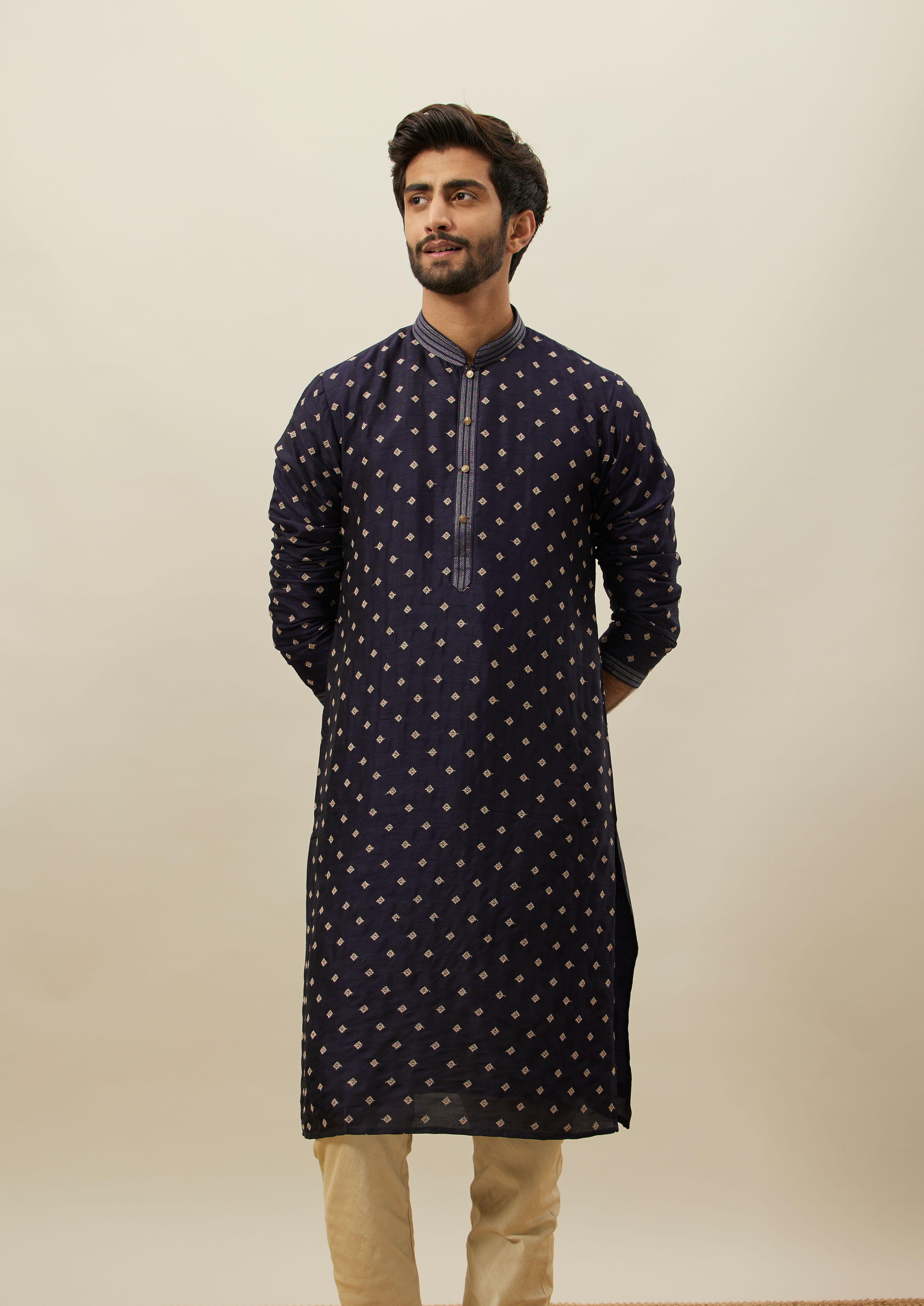 Twamev Men Dark Blue Embroidered Kurta Set