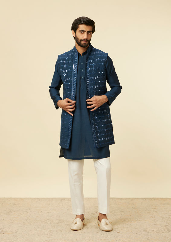 Twamev Men Teal Blue Kurta Jacket Set
