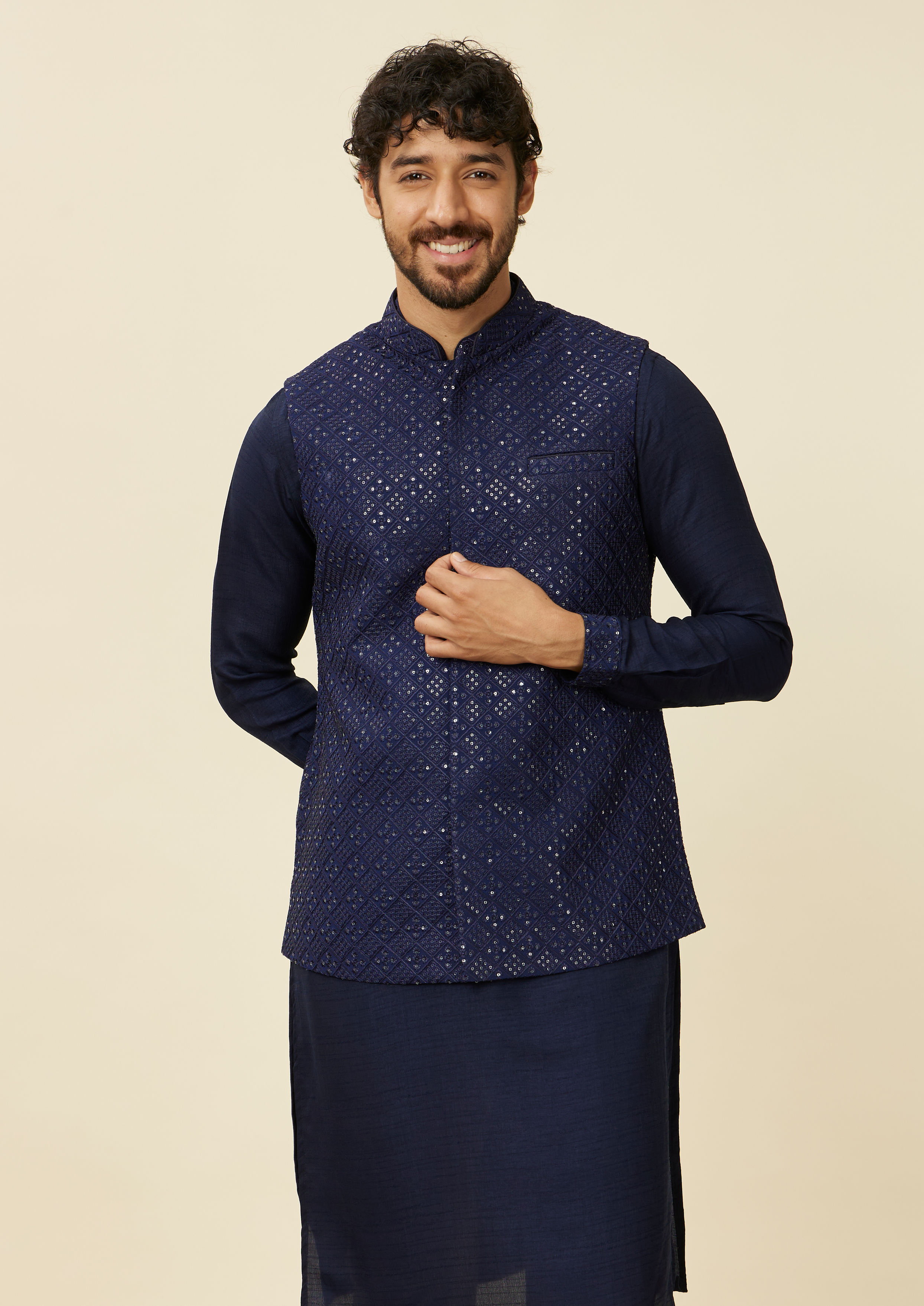 Twamev Men Dark Blue Mirror work Kurta Jacket Set