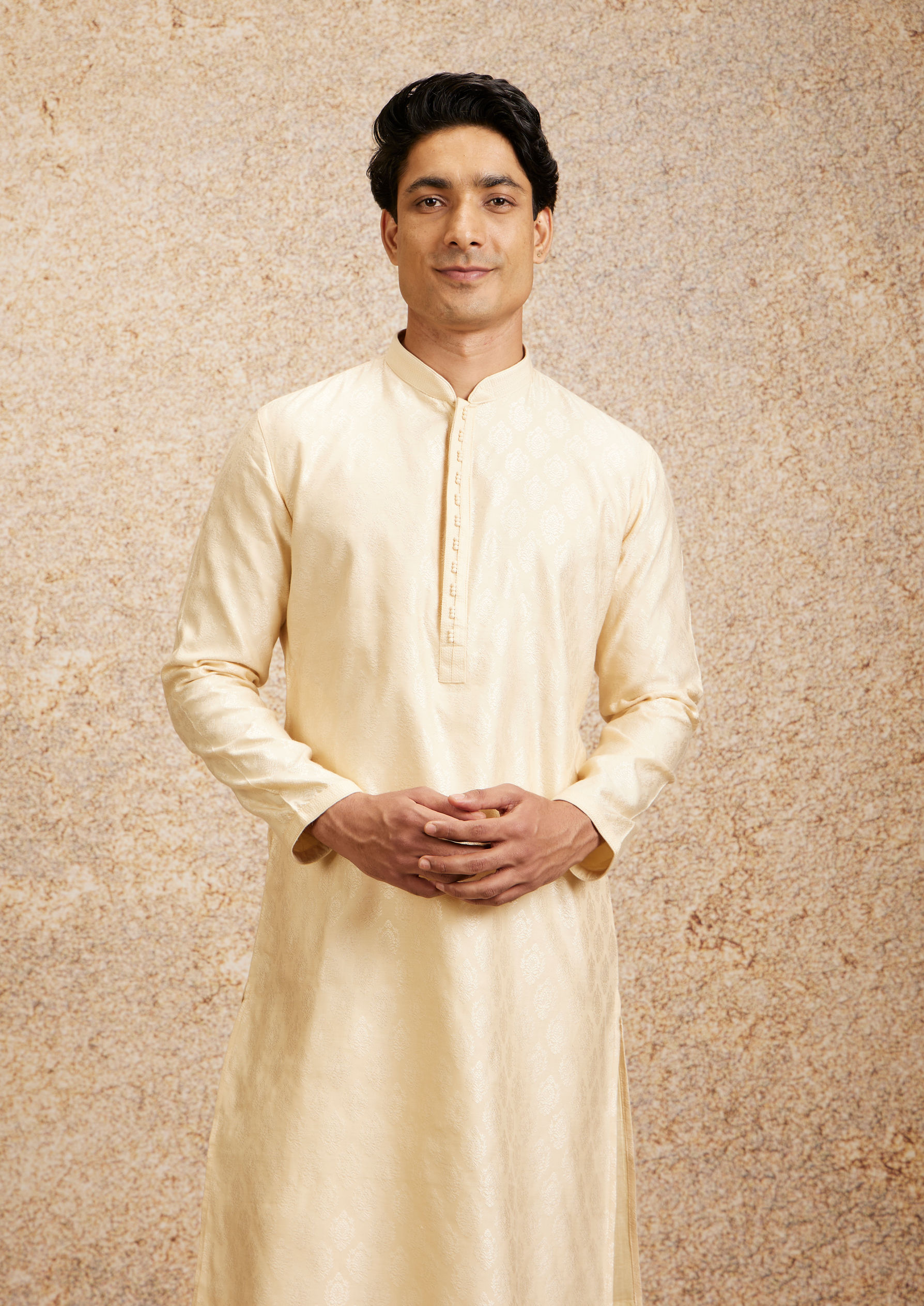 Twamev Men Cream Floral Medallion Patterned Kurta Set