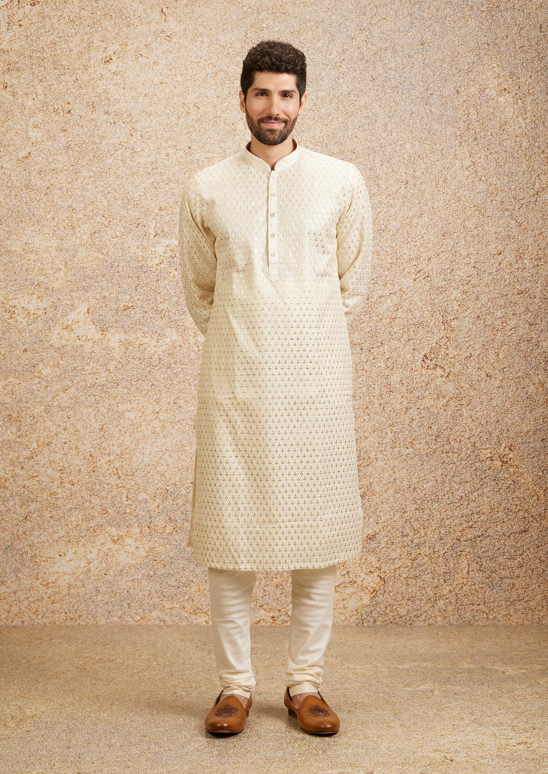 Twamev Men Cream Fern Buta Motif Patterned Kurta Set