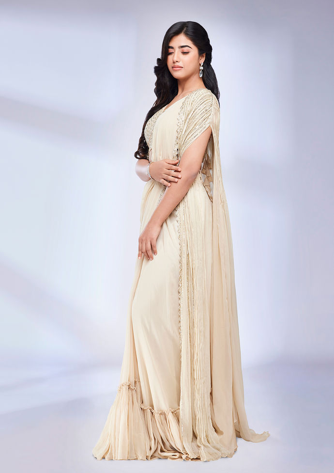Twamev Women Dark Cream Scallop Bordered Draped Saree with Cape