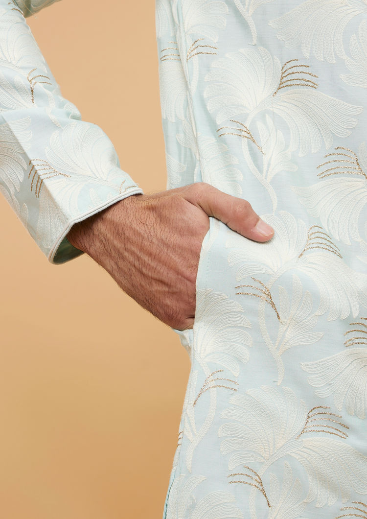 Twamev Men Light Blue Leaf Printed Kurta Set