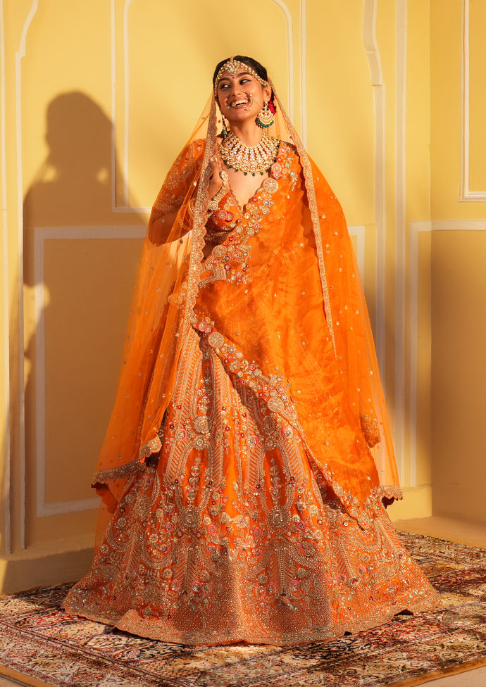 Twamev Women Twinkling Orange Lehenga Spectacle
