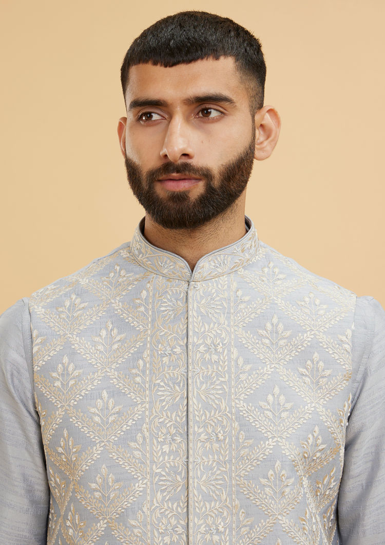 Twamev Men Concrete Grey Jacket Set with Fern Motifs in Jaal Pattern