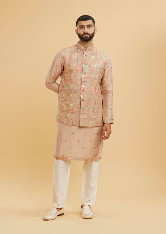 Twamev Men Dusty Pink Linear Grid Patterned Jacket Set