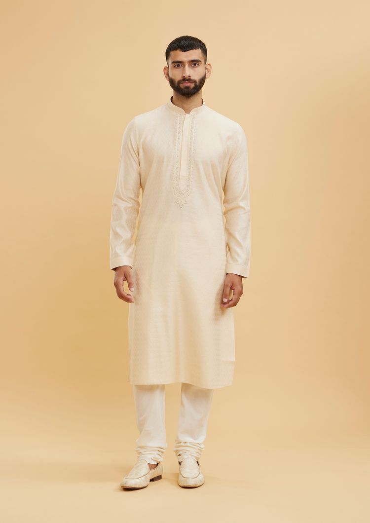 Twamev Men Beige Kurta Pajama Set with Subtle Thread Embroidery