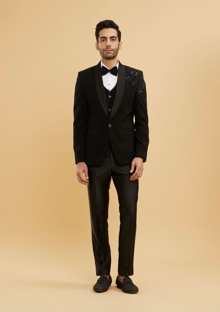 Twamev Men Ebony Black Shawl Collared Tuxedo Suit Set with Rhinestones