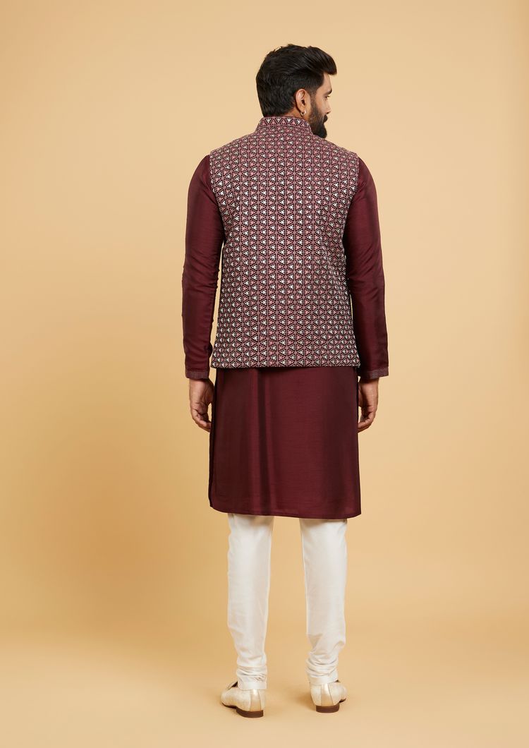 Twamev Men Wine Red Jaal Embroidered Jacket Set