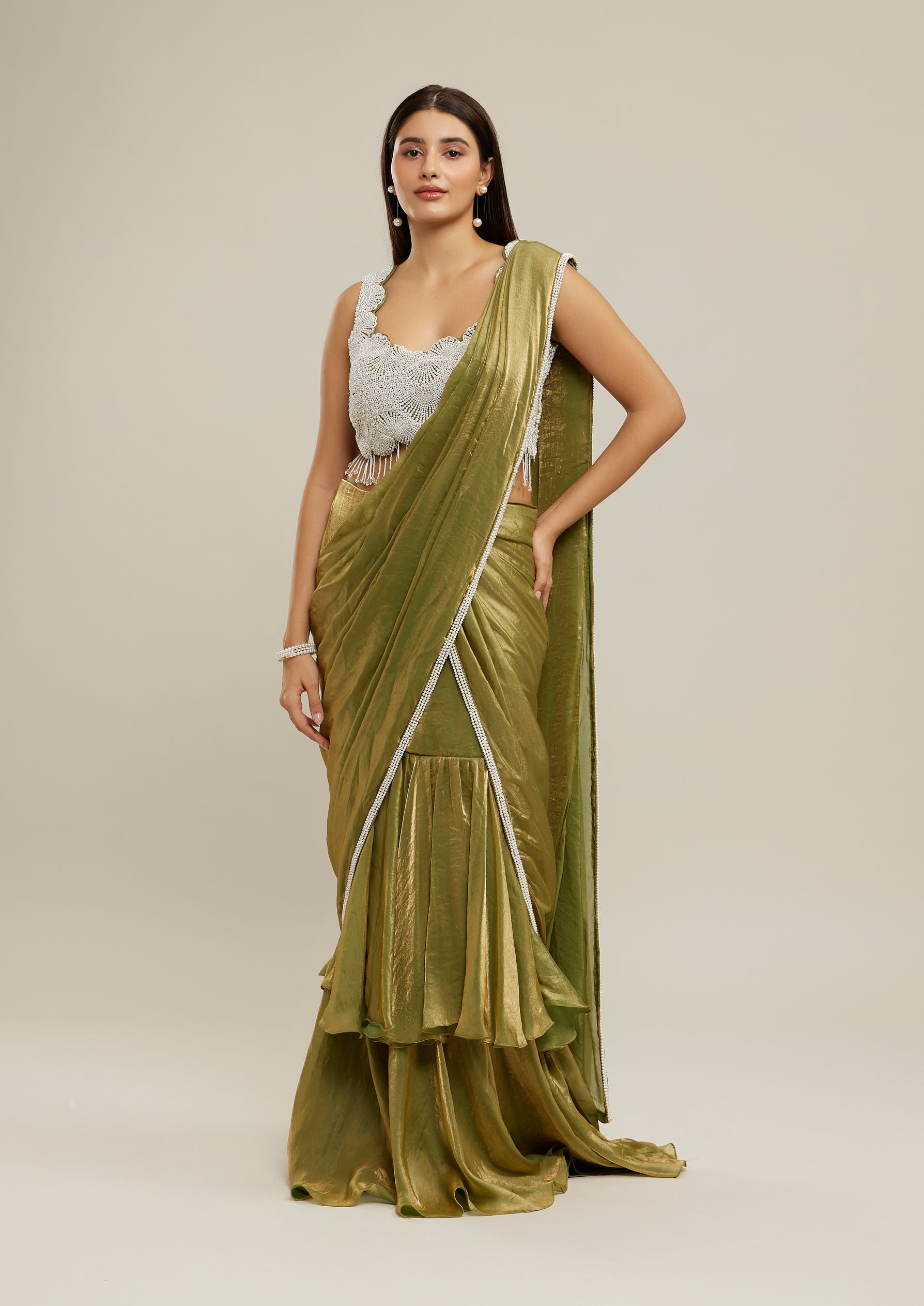 Twamev Women Majestic Mehandi Green Tissue Saree