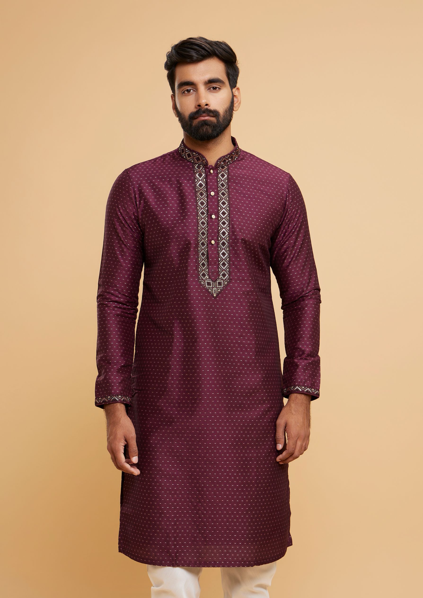 Twamev Men Glistening Wine Kurta Pajama Set