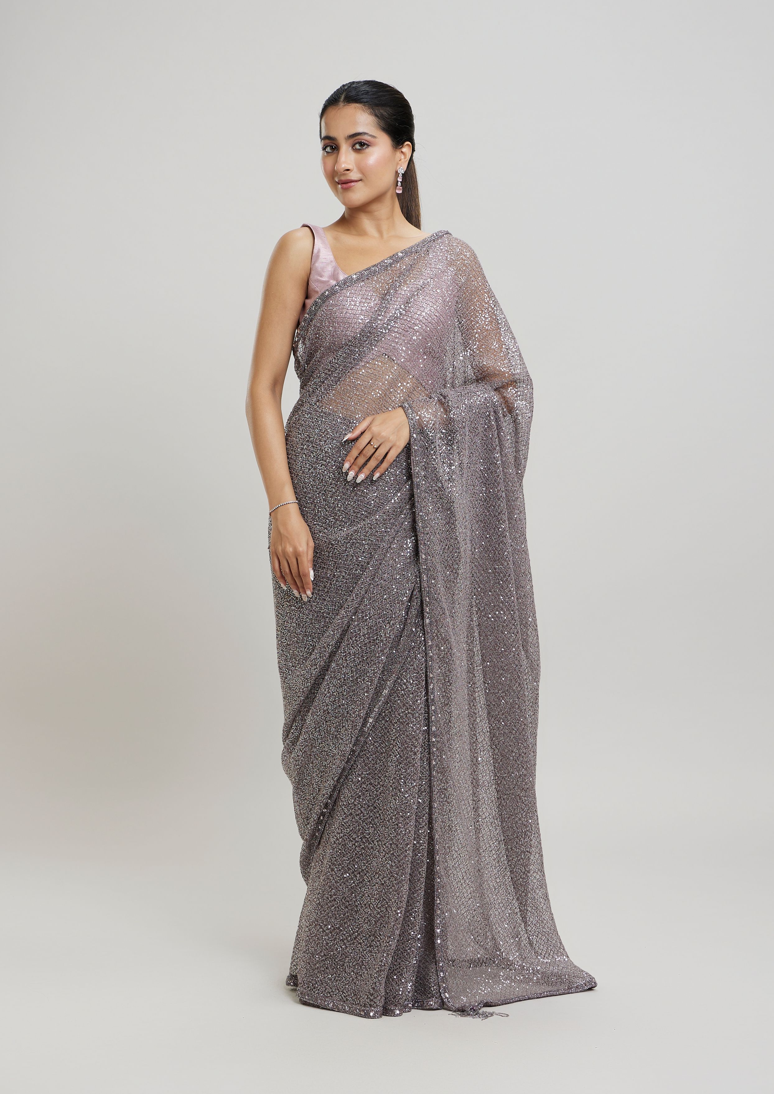 Twamev Women Regal Purple Sequin Saree