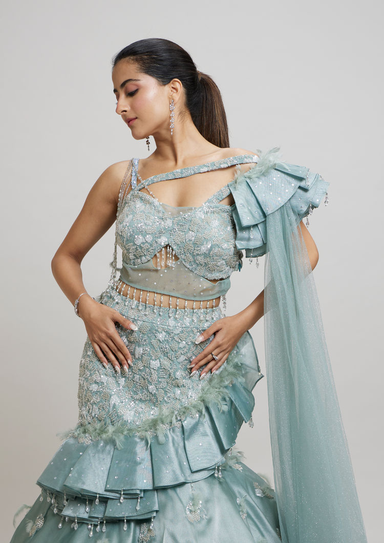 Twamev Women Dreamy Light Blue Lehenga Ensemble