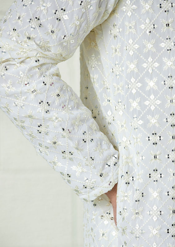 Twamev Men Pearl White Chikankari Embroidered Kurta Set