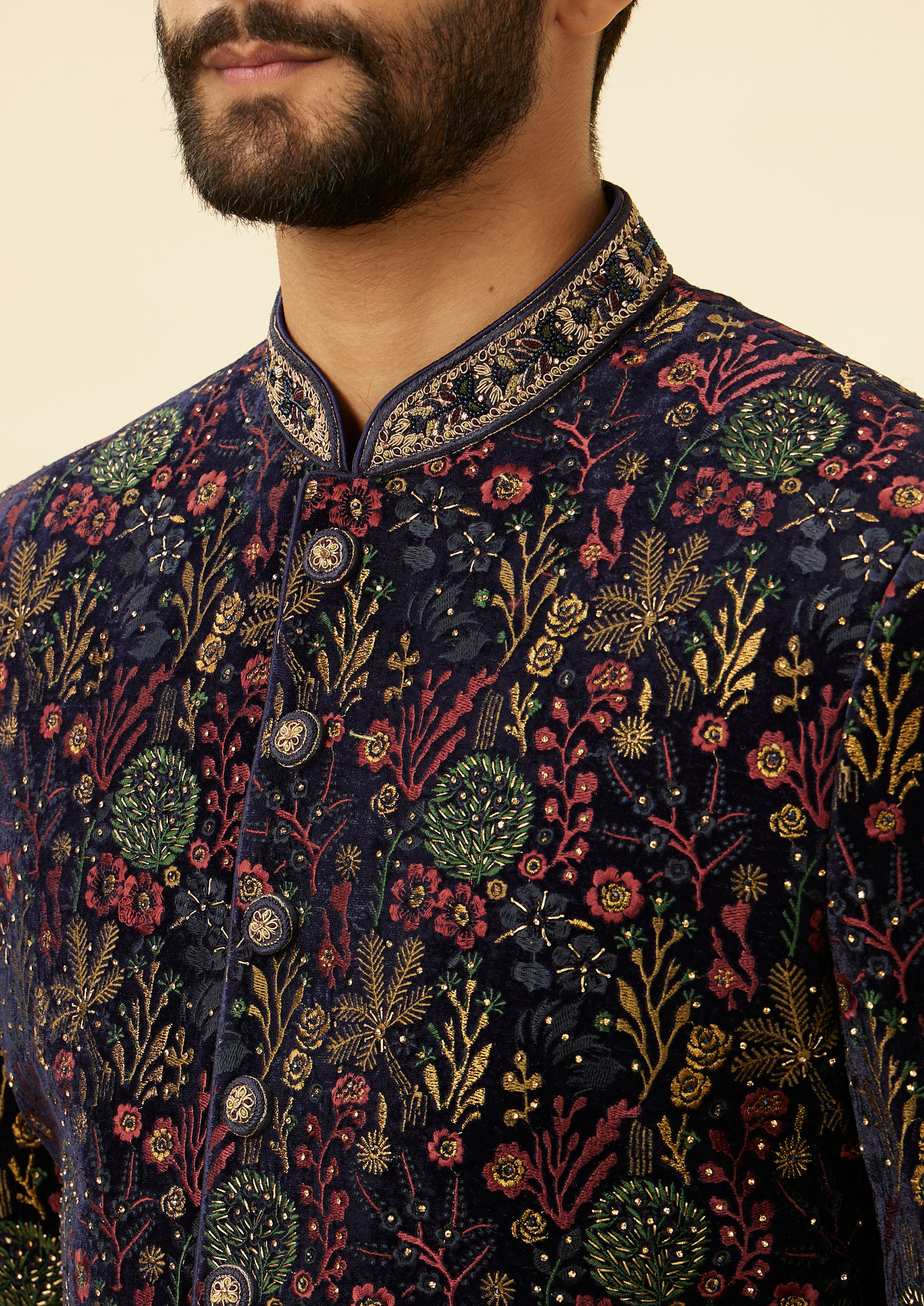 Twamev Men Royal Velvet Emblazoned Blue Indo Western