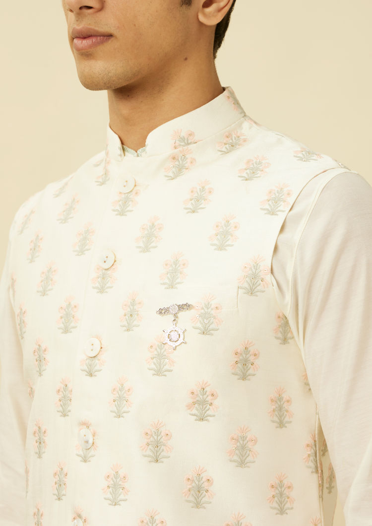 Twamev Men Ivory White Embroidered Kurta Jacket Set