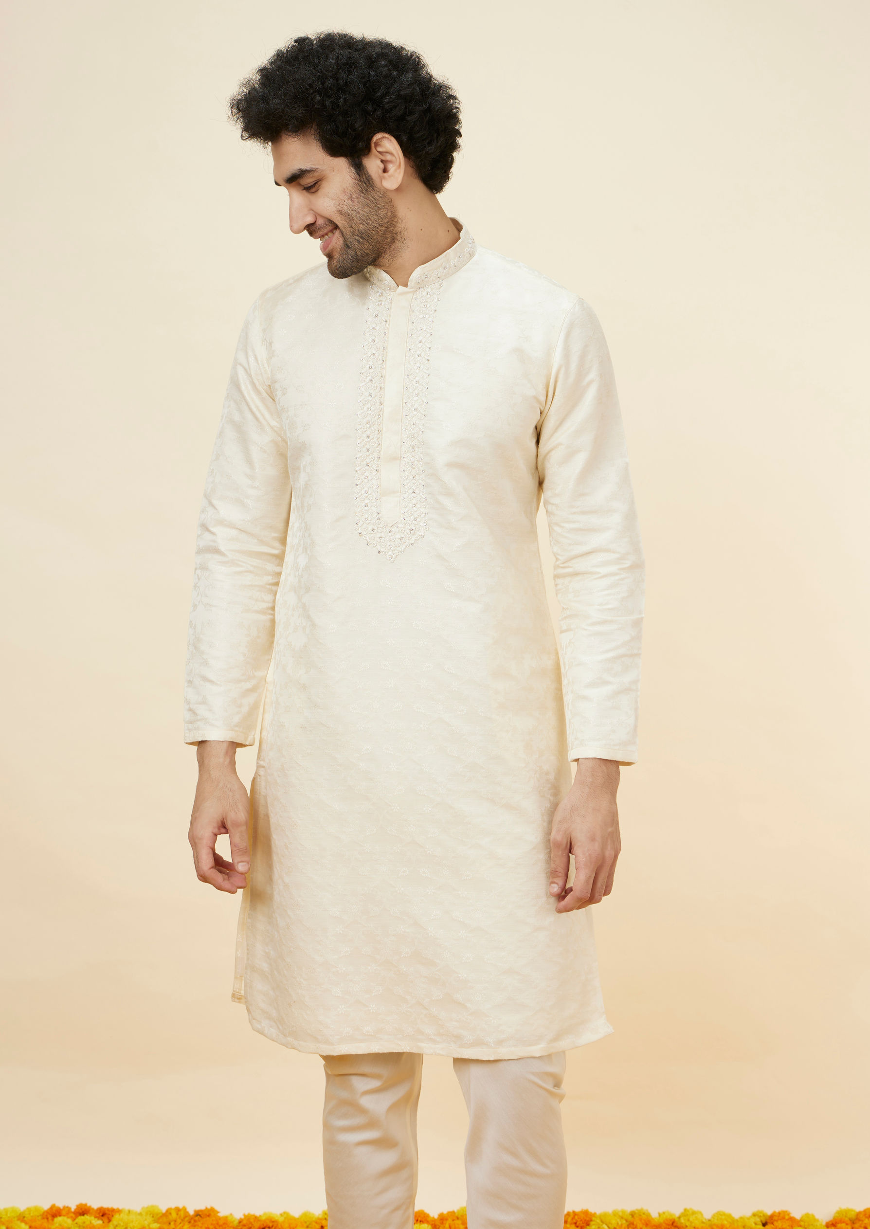 Twamev Men Cream Floral Brocade Kurta Set