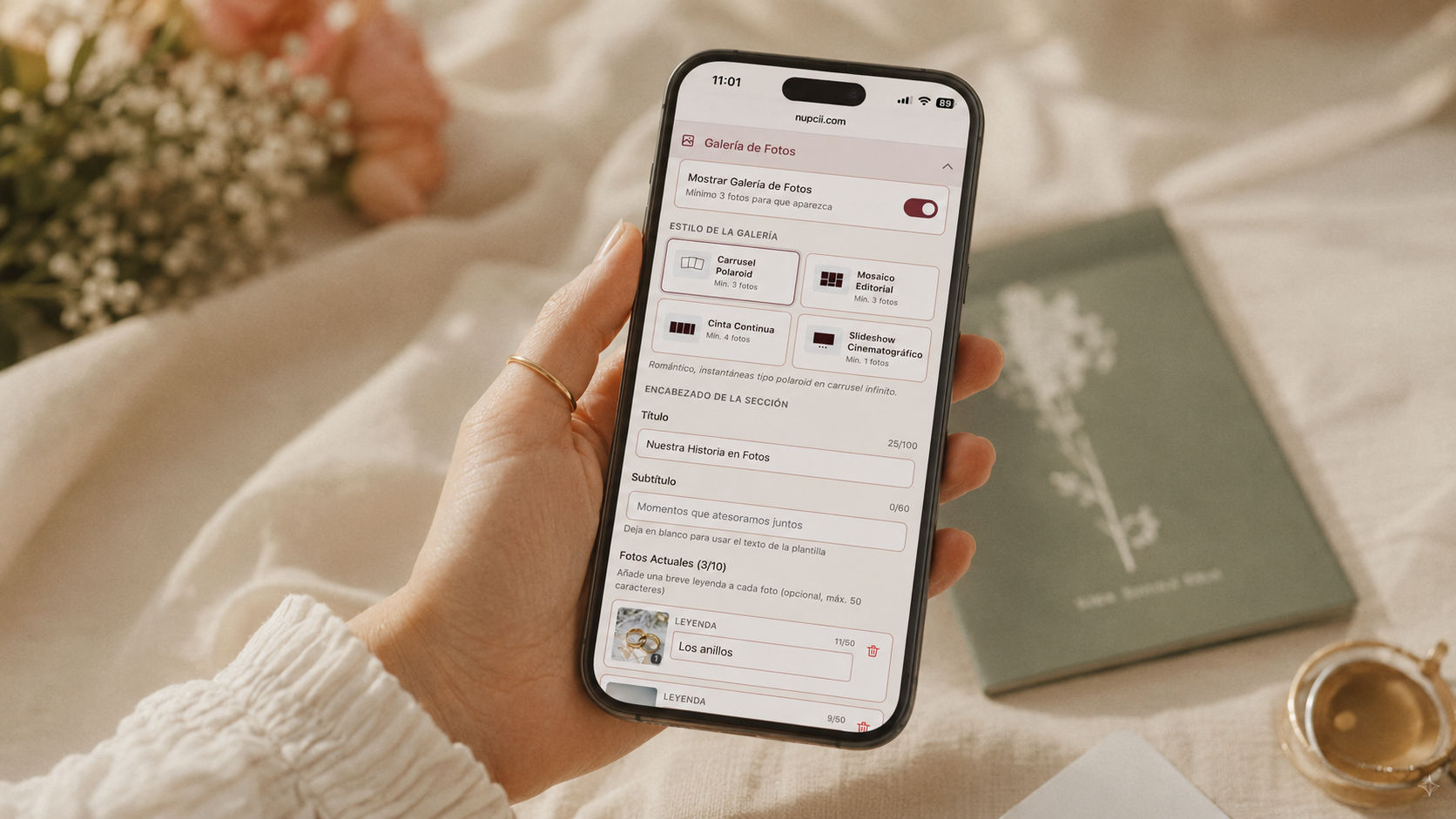 Editor de personalización de Nupcii con vista previa en tiempo real