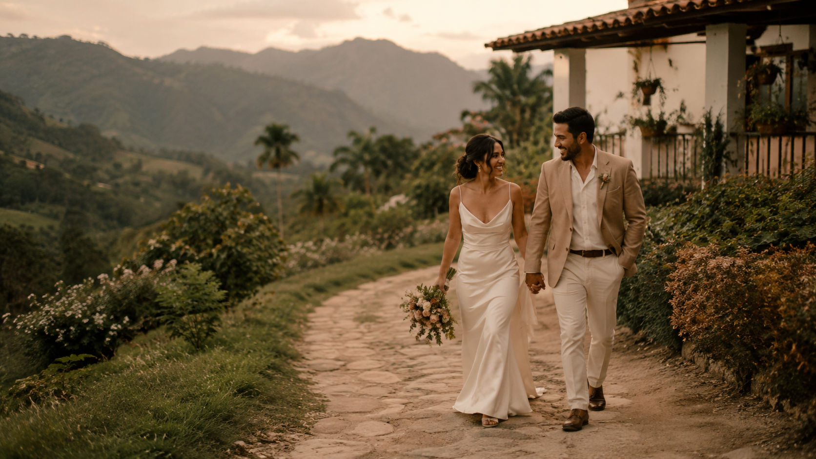 Pareja caminando agarrados de la mano por una finca rural en Antioquia