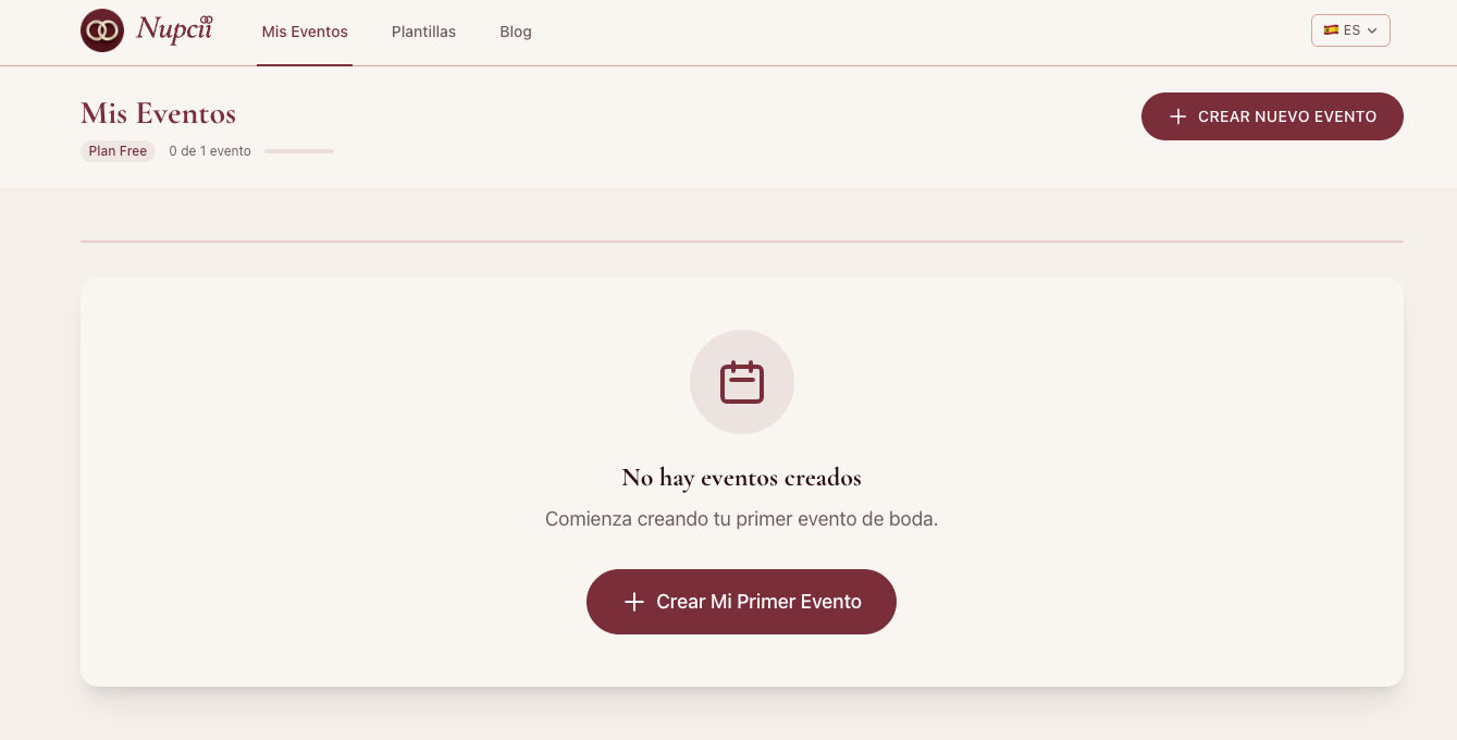 Pantalla de crear evento en Nupcii con campos de nombres y fecha