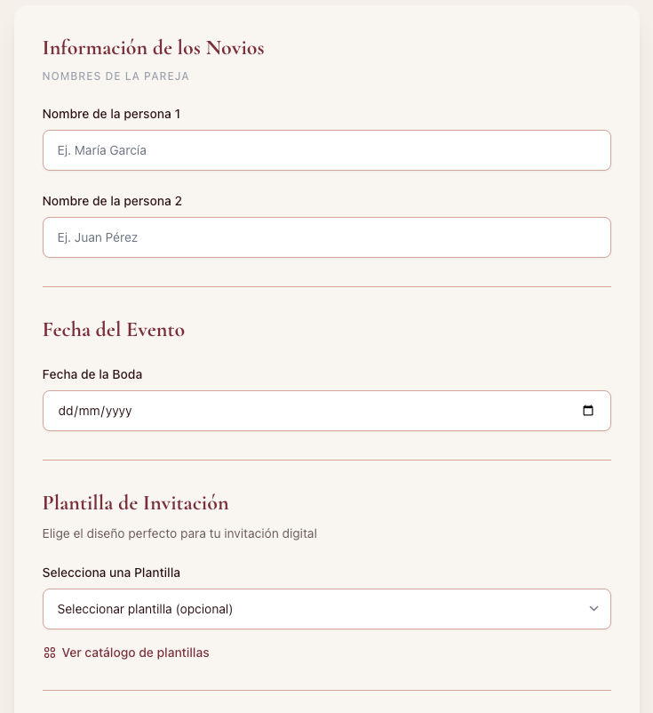Pantalla de crear evento en Nupcii con campos de nombres y fecha