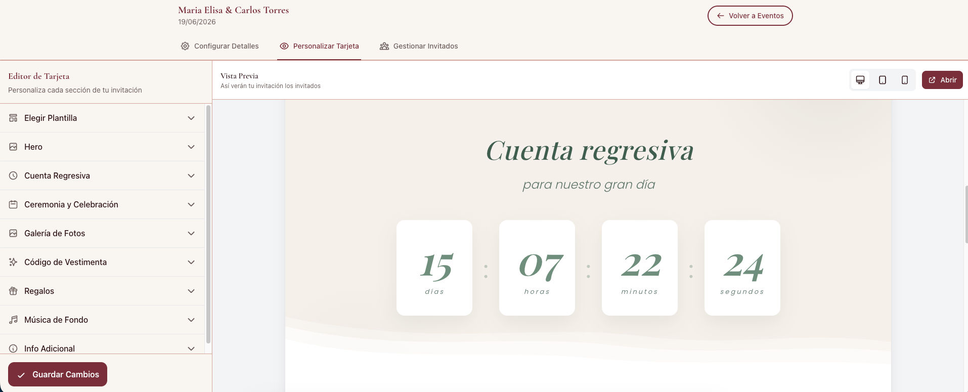 Editor de personalizar tarjeta de Nupcii con vista previa en tiempo real