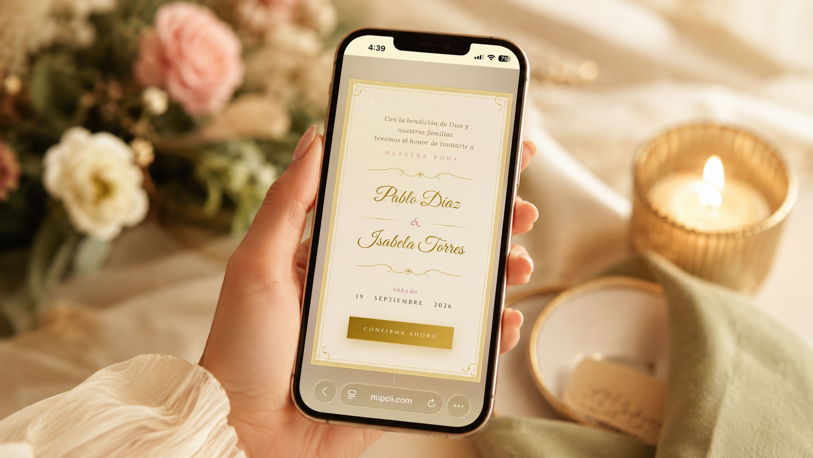 Sección de RSVP en una invitación de Nupcii con botón y fecha límite