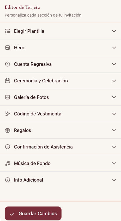 Editor de personalizar tarjeta de Nupcii con plantillas y paletas