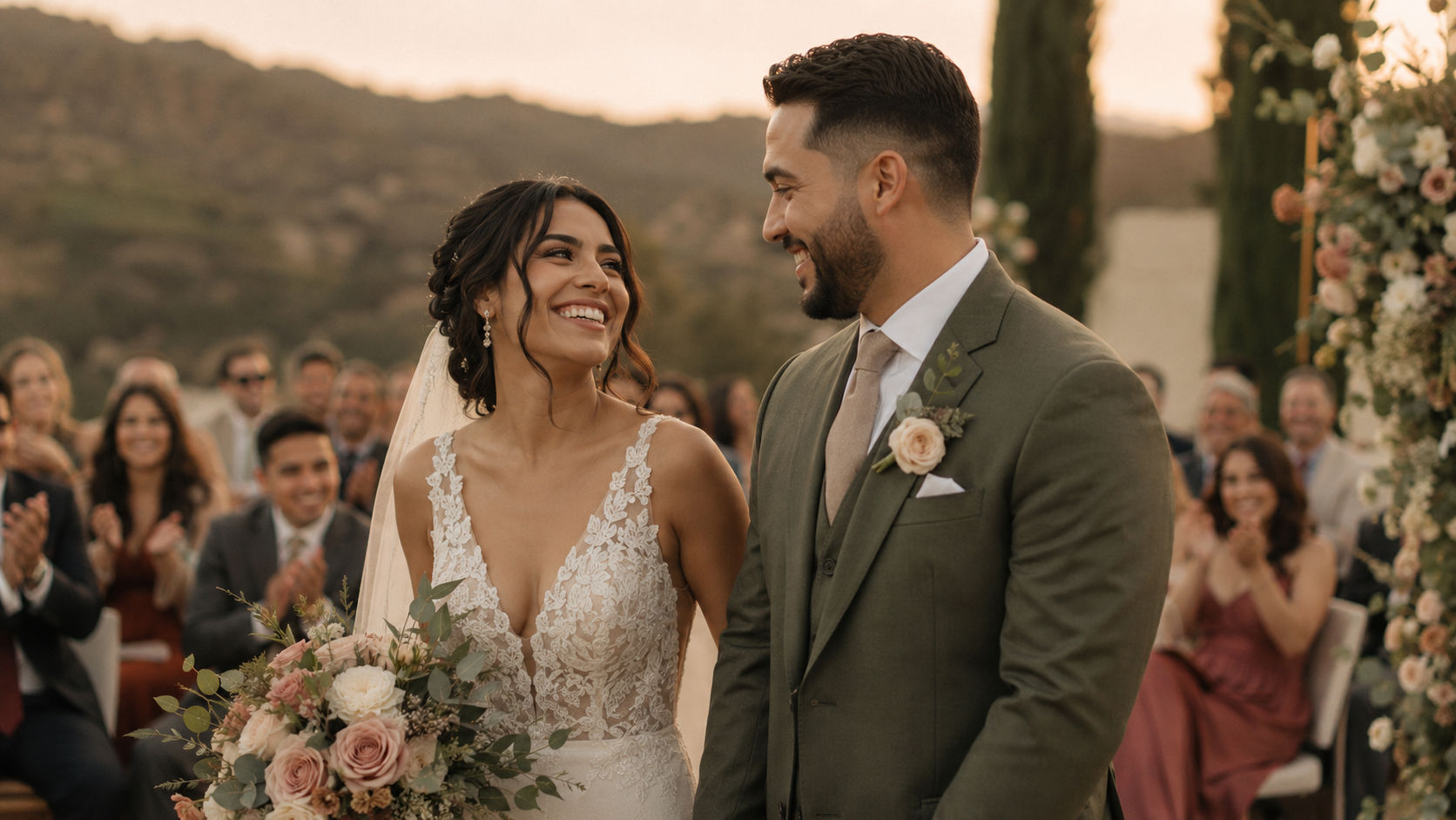 Pareja celebrando su boda al atardecer rodeados de invitados