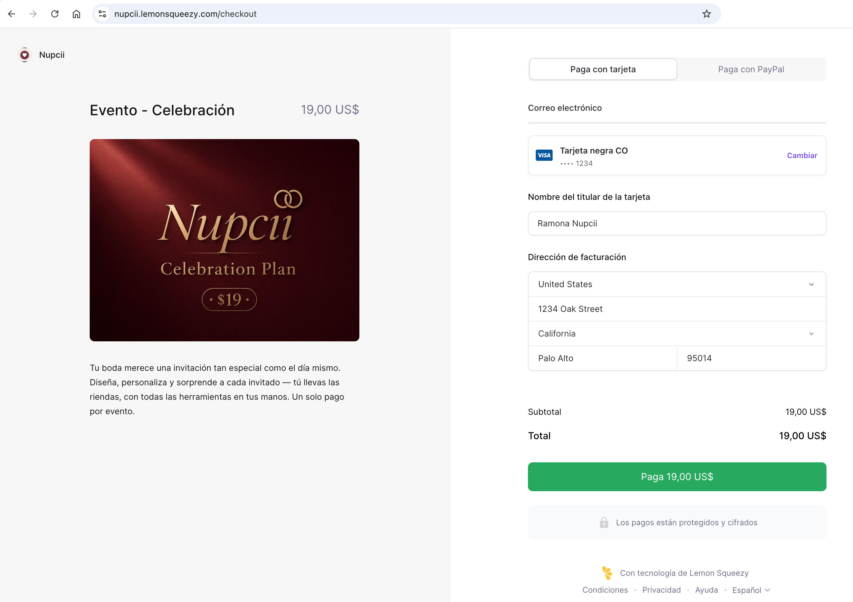 Checkout seguro de Lemon Squeezy con branding de Nupcii