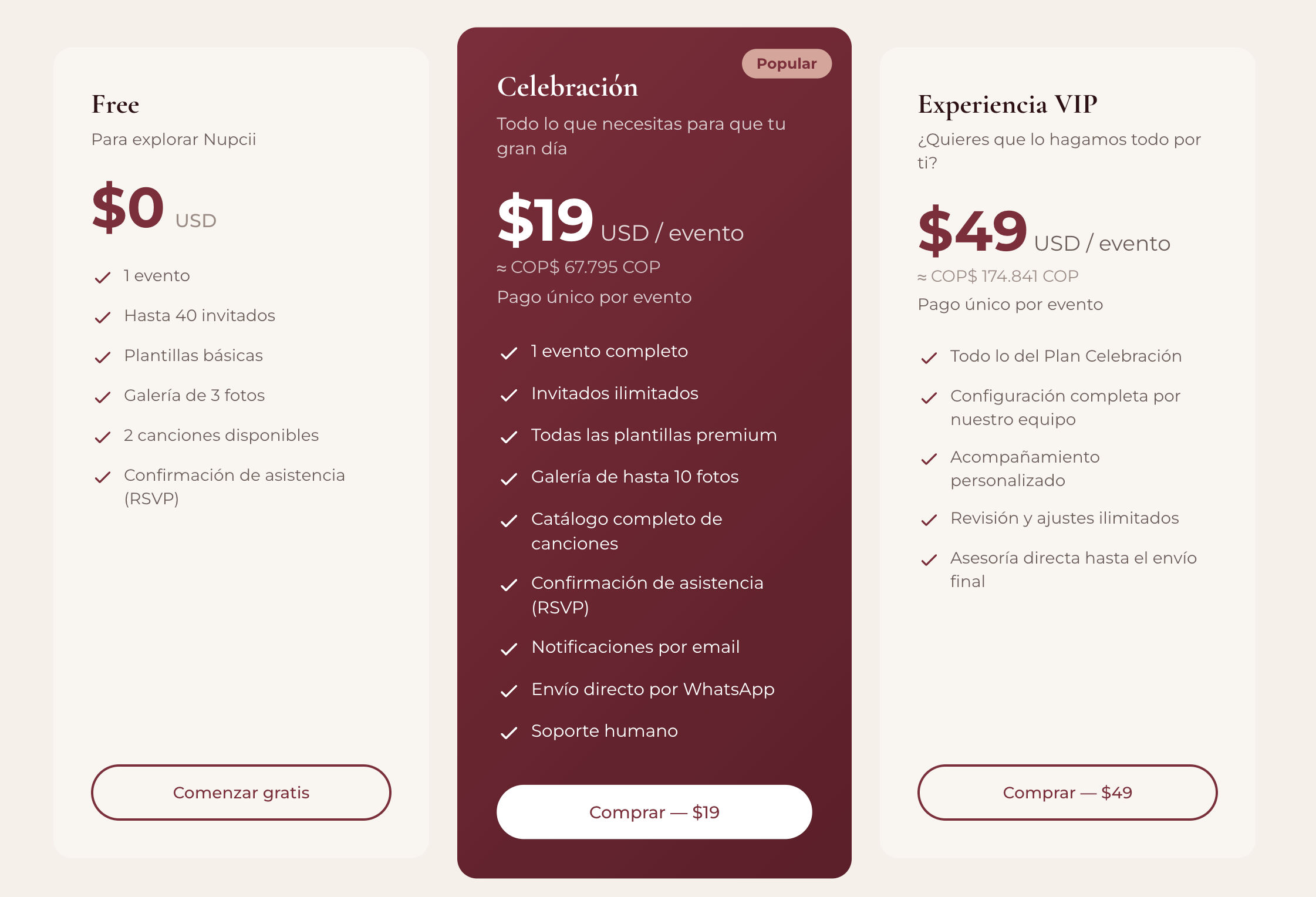 Página de planes de Nupcii destacando el plan Celebración de $19 USD