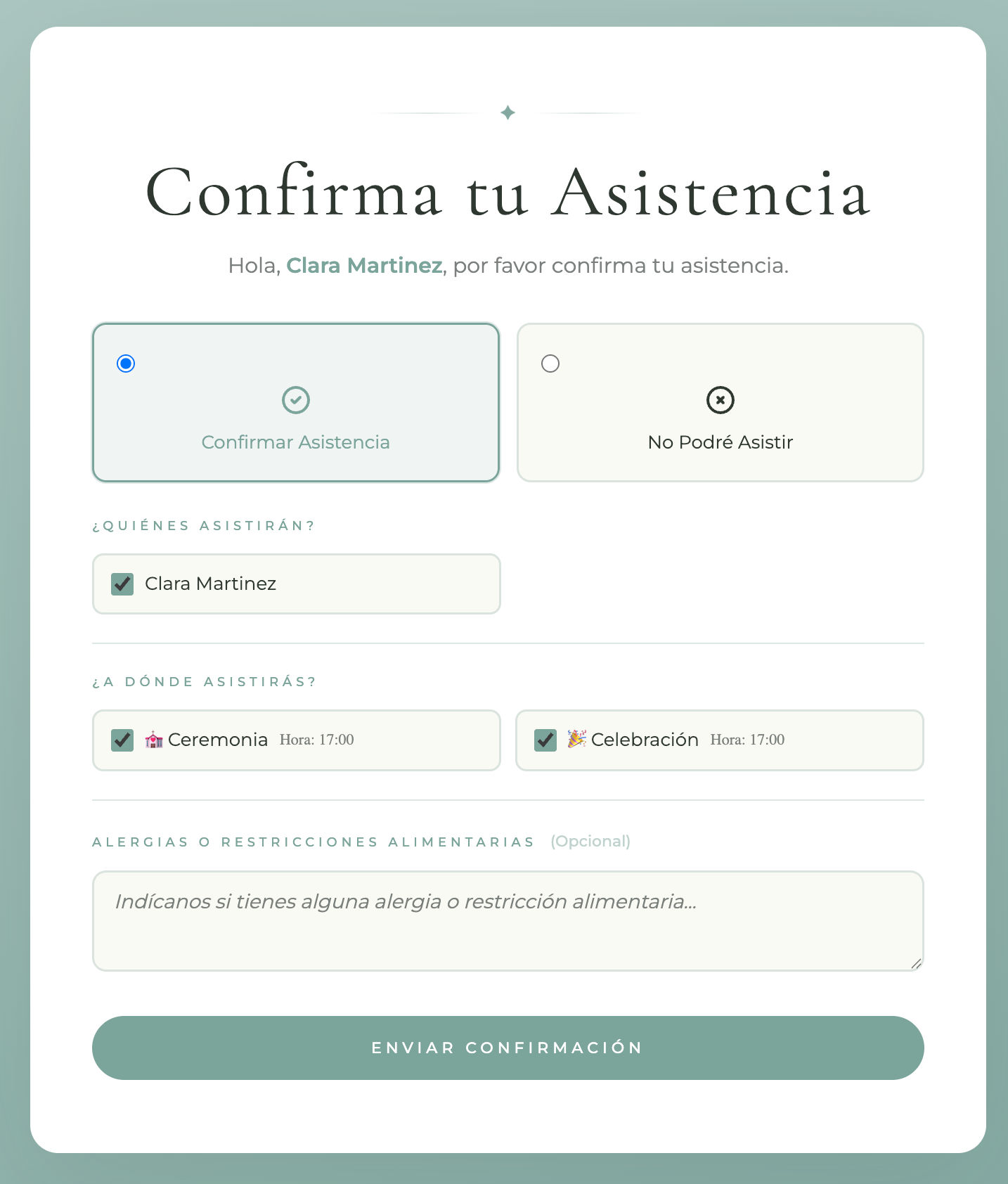 Formulario de RSVP visto desde el celular del invitado