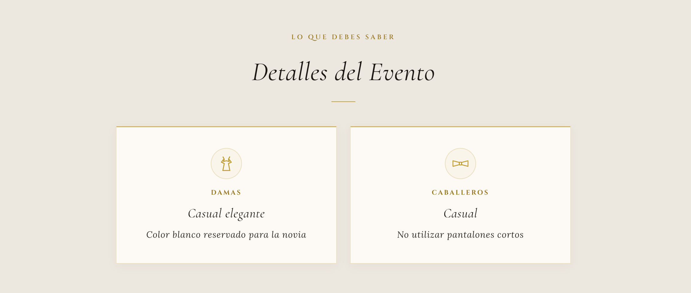 Sección de dress code dentro de una invitación digital de Nupcii
